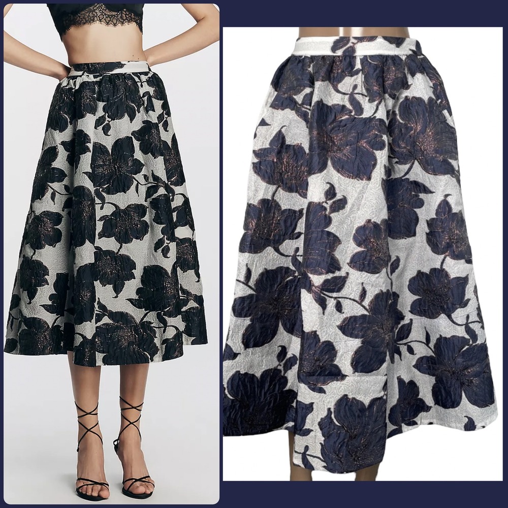 NEW Maeve Anthropologie Jacie Poplin Printed Midi Skirt Blue Flora Metallic XS